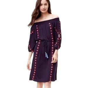 LOFT XXS Navy Blue Embroidered Tassle Dress off shoulder peasant Boho